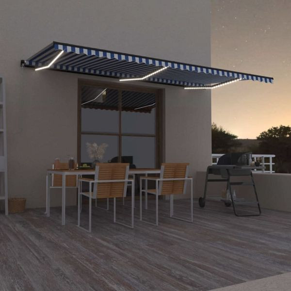 vidaXL Markise Manuell Einziehbar mit LED 600x350 cm Blau und Weiß, 3069241