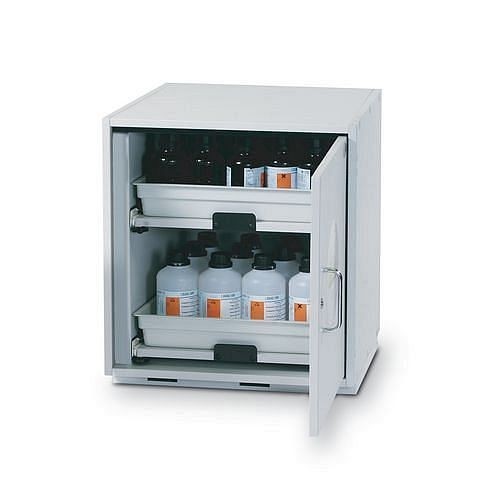 asecos Säuren- und Laugenunterbauschrank SL 62, Höhe 600 mm, 2 Tablarauszüge, Tür links, 30622-001-30625