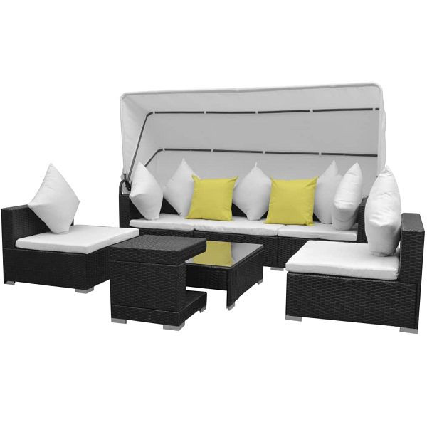 vidaXL 7-teilig Garten-Lounge-Set mit Sonnendach Poly Rattan Schwarz, 42750