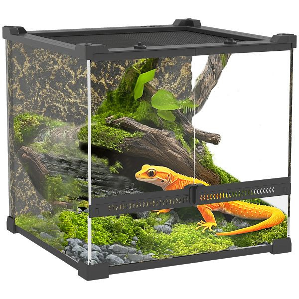 PawHut Glas-Terrarium für Reptilien, erhöhter & wasserdichter Boden, Knopfschloss, D40-052V11BK