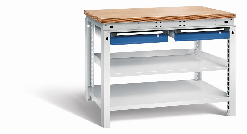Otto Kind Werkbank Serie function Typ 209, Multiplexplatte 40 mm, bündig, 2 Schubladen 120 mm, Gehäuse RAL 7035, Front RAL 5010, 072339186