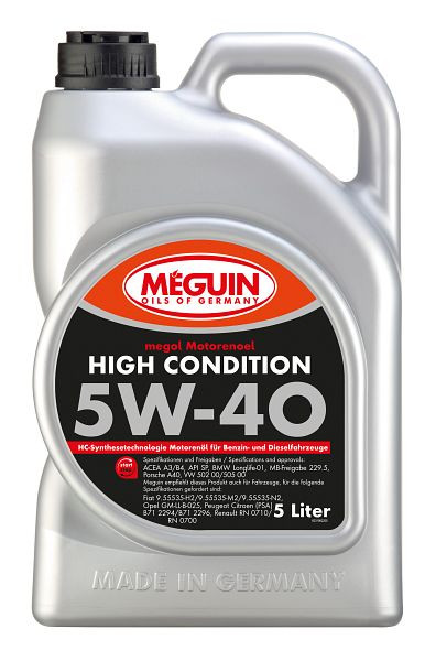 Meguin megol Motorenöl High Condition SAE 5W-40, Kanister Kunststoff, VE: 5 Liter, 3198