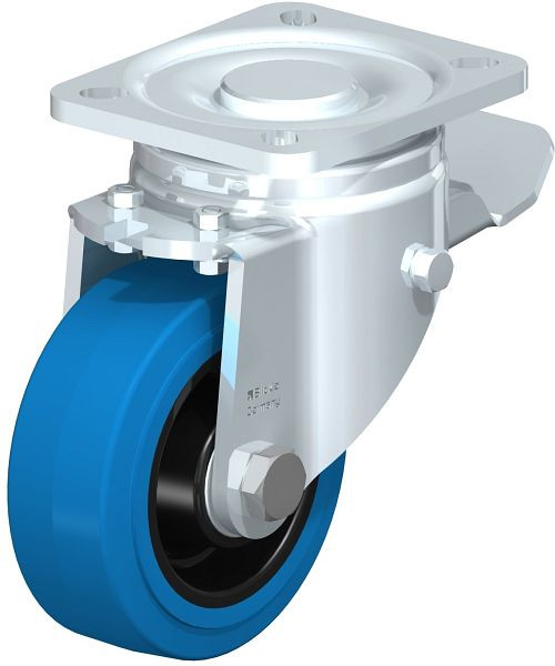 Blickle LH-POEV 100K-1-ST-SB Stahlblech-Lenkrolle, Schwerlast-Ausführung, mit Anschraubplatte & Feststeller, Elastik-Vollgummi, Blau, 432658