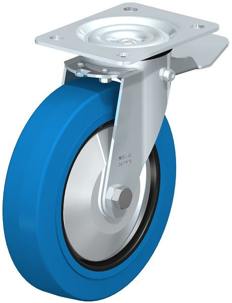 Blickle LE-POEV 200K-ST-SB-FA Stahlblech-Lenkrolle mit Anschraubplatte & Feststeller, Elastik-Vollgummi, Blau, 749635