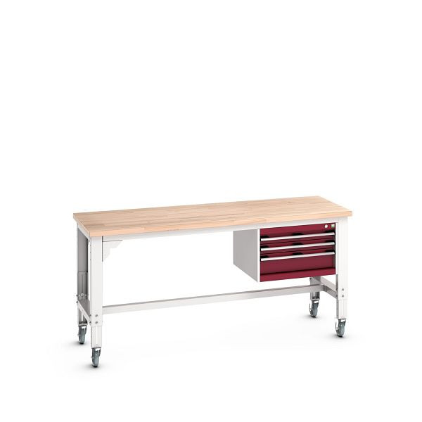 bott cubio Werkbank mobil mit Hängeschrank 3 Schubladen, Rotbuche, höhenverstellbar, BxTxH: 2000x750x840-1140mm, Rotbuche RAL 7035/3004, 41003485.24V