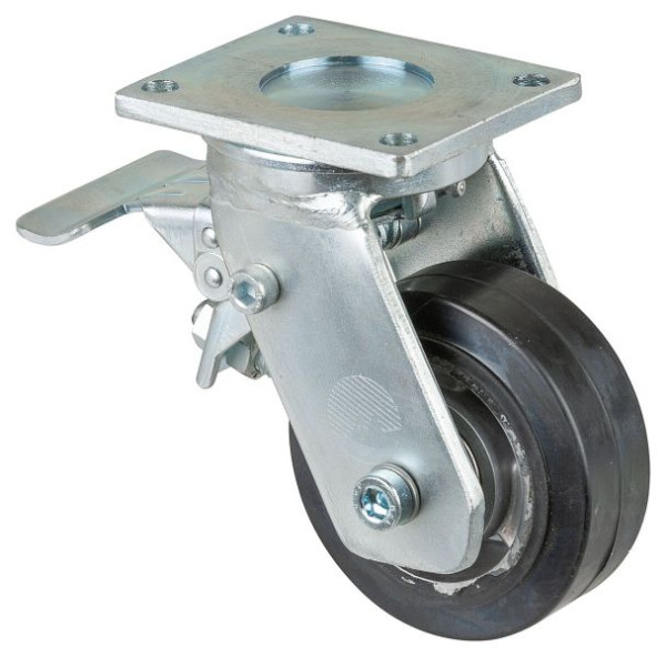 BS Rollen Schwerlastrolle mit Rad-/Feststeller, Breite 40 mm, Ø100 mm, bis 150 kg, Elastik-Reifen schwarz, Körper Aluminium, Kugellager, RR120.B80.100
