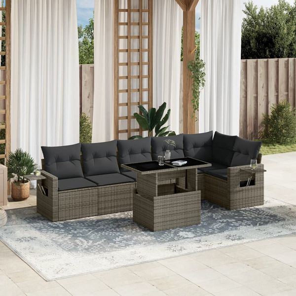 vidaXL 7-teilig Garten-Sofagarnitur mit Kissen Grau Poly Rattan, 3267920