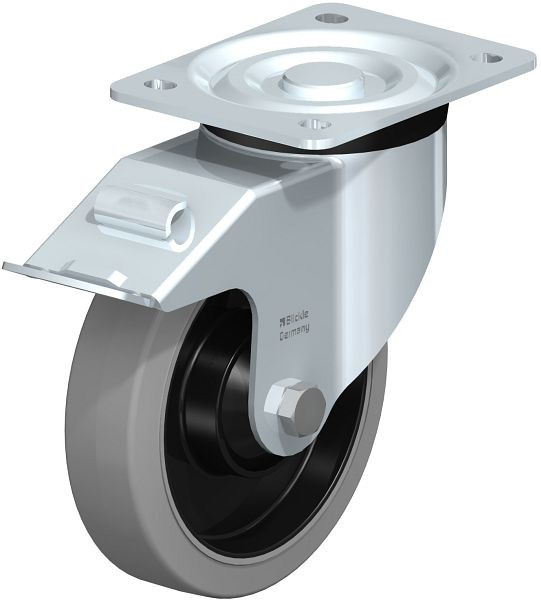 Blickle L-POEV 161KD-FI-SG Stahlblech-Lenkrolle, mittelschwere Ausführung, mit Anschraubplatte & Feststeller, Elastik-Vollgummi, Grau, 850598