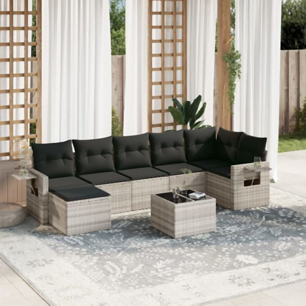 vidaXL 8-tlg. Garten-Sofagarnitur mit Kissen Hellgrau Poly Rattan, 3252829