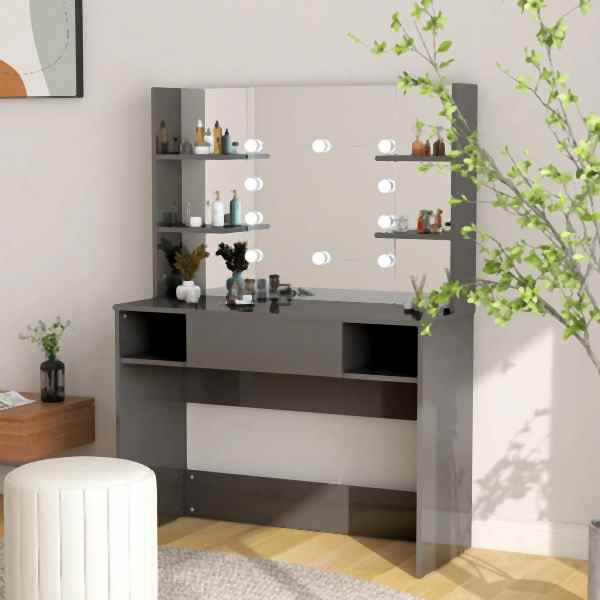 vidaXL Schminktisch LED-Beleuchtung 100x40x135 cm MDF Glänzendes Grau, 331543