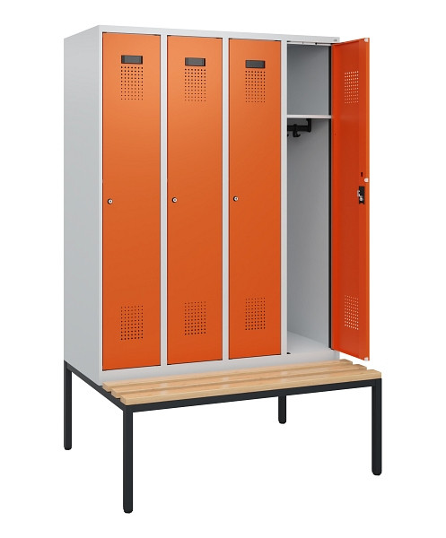 C+P Spind Evolo PLUS, 4 Abteile, 1950x1200x815mm, 7035/2004, Zylinderschloss, Sitzfläche Buche-Hartholz, Sitzbank, 0490505-40 S10022