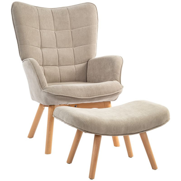 HOMCOM Akzentsessel mit Hocker, Relaxsessel in Cord-Optik, Armlehnstuhl mit Holzbeinen, für Wohnzimmer, Hellbraun, 839-455V00LR