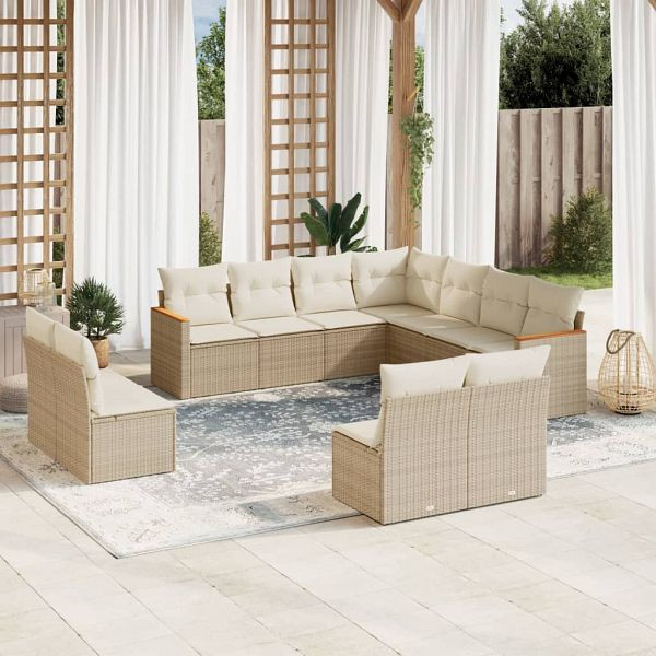 vidaXL 11-teilig Garten-Sofagarnitur mit Kissen Beige Poly Rattan, 3226086