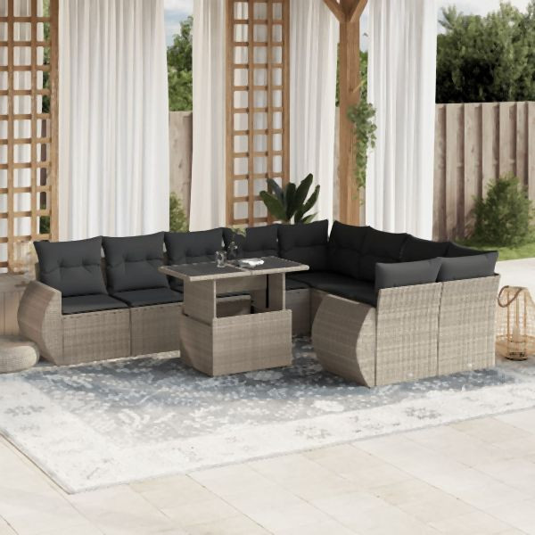 vidaXL 10-tlg. Garten-Sofagarnitur mit Kissen Hellgrau Poly Rattan, 3268762
