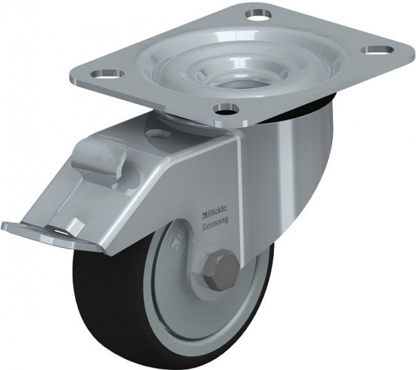 Blickle LE-PATH 80K-FI-FK Stahlblech-Lenkrolle mit Anschraubplatte & Feststeller, Thermoplastisches Polyurethan, Grau, 754483