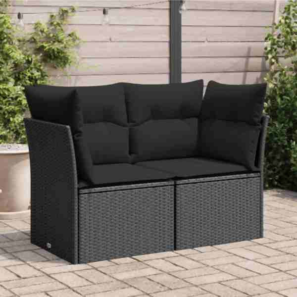 vidaXL Gartensofa mit Kissen 2-Sitzer Schwarz Poly Rattan, UV-beständig, 365986