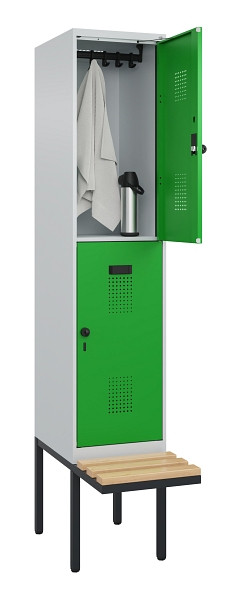 C+P Doppelstock-Spind Evolo PLUS, Bank, 2 Fächer, 2120x400x815mm, 7035/6037, Drehriegel, Sitzfläche Buche-Hartholz, 0493407-12 S10011