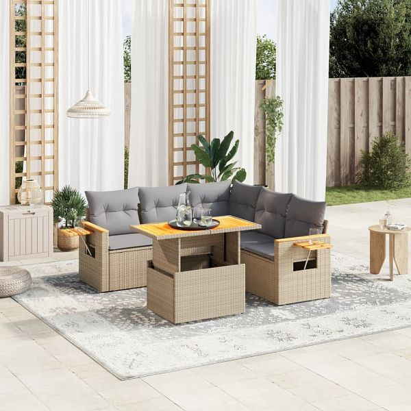 vidaXL 6-teilig Garten-Sofagarnitur mit Kissen Beige Poly Rattan, 3273516