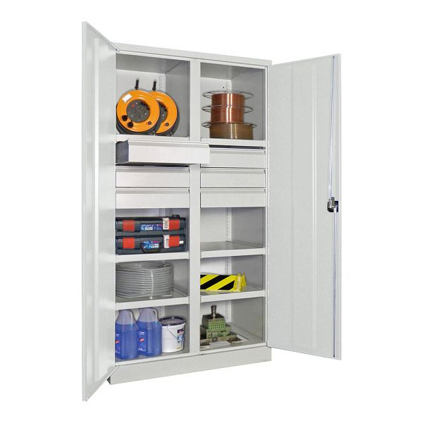 Pavoy Schwerlastschrank 1950/1040/630, Trennwand, 6 gepulverte Fachböden, 6 Schubladen, Flügeltüren, Drehgriff mit Zylinderschloss, 36366-104-003-910905