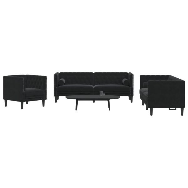 vidaXL 3-tlg. Chesterfield-Sofa-Set mit Nackenrollen Schwarz Samt, 3209286