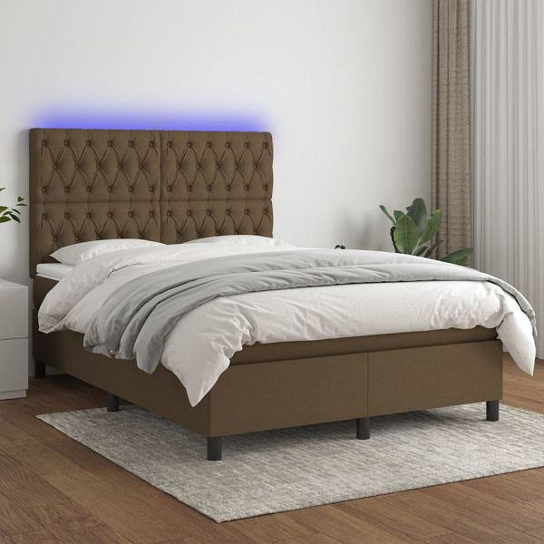 vidaXL Boxspringbett mit Matratze & LED Dunkelbraun 140x190 cm Stoff, 3135112