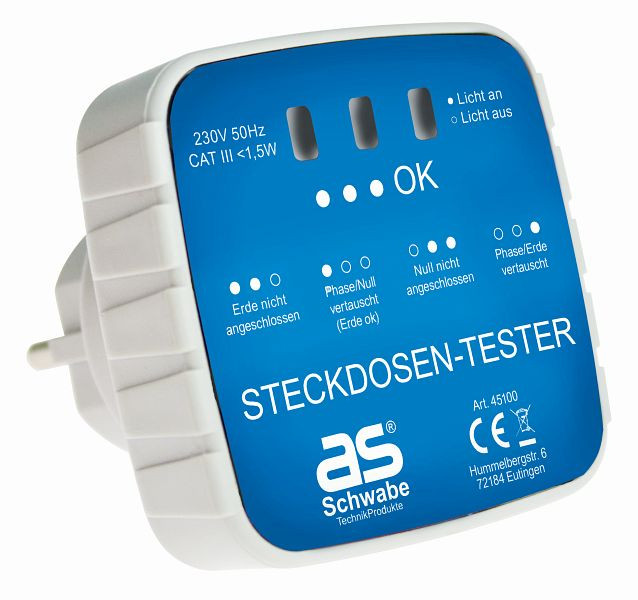 as-Schwabe Steckdosen-Tester Prüfgerät zum Testen korrekter Verdarhtungen von Schutzkontaktsteckdoen, optische Anzeige der Verdrahtung, 45100