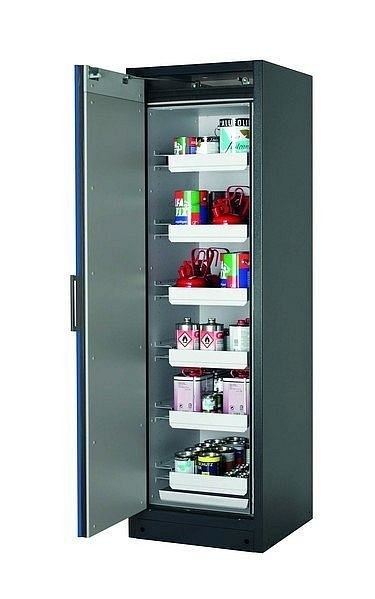 asecos Sicherheitsschrank Q-CLASSIC-90, Q90.195.060 in enzianblau RAL 5010 mit 6x Auszugswanne Standard (Stahlblech), 30072-047-30090