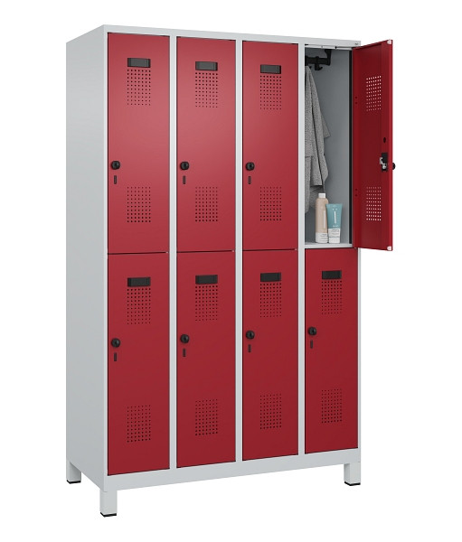 C+P Doppelstöckiger Spind Evolo PLUS, mit Füßen, 8 Fächer, 1950x1200x500mm, 703, Frontfarbe RAL 3003 Rubinrot, Drehriegel, 049310-40 S10004
