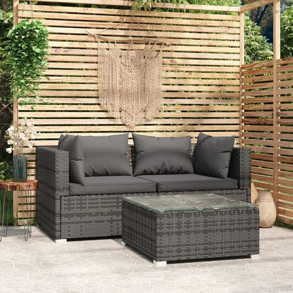 vidaXL 3-teilig Garten-Lounge-Set mit Kissen Grau Poly Rattan, 317510
