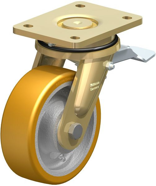 Blickle LS-GTH 150K-ST Stahlgeschweißte Schwerlast-Lenkrolle, schwere Drehkranz-Ausführung mit Feststeller, Blickle Extrathane®, Hellbraun, 293852