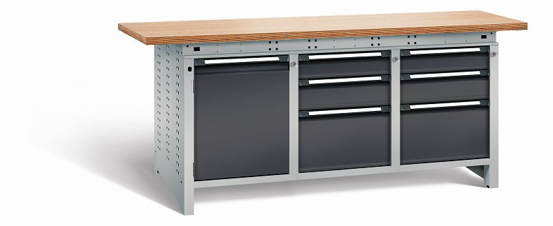 Otto Kind Werkbank Serie function Typ 311, Multiplexplatte 40 mm, überstehend, 2x Unterbau + mittleres Feld, Gehäuse RAL 9006, Front RAL 9005, 07236623N