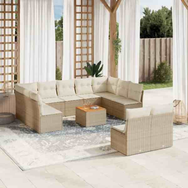 vidaXL 12-tlg. Garten-Sofagarnitur mit Kissen Beige Poly Rattan, UV-beständig, 3256219