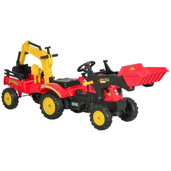 HOMCOM Trettraktor mit Anhänger Tretbagger Traktor mit Frontlader ab 3 Jahre Rot, 341-033