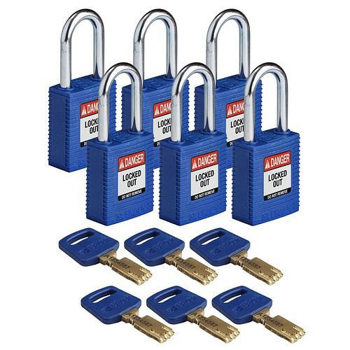 Brady Vorhängeschlösser SafeKey aus Nylon, funkenfreies Gehäuse, VE: 6 Stück, blau, 309083