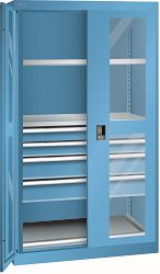 LISTA Schwerlastschrank 54x27E (BxTxH) 1100x641x1950mm CODE Lock, Lichtblau, 4 Schubladen, 1 Auszugboden, 2 Verstellböden, Sichtfenstertür, 98.094.010.C