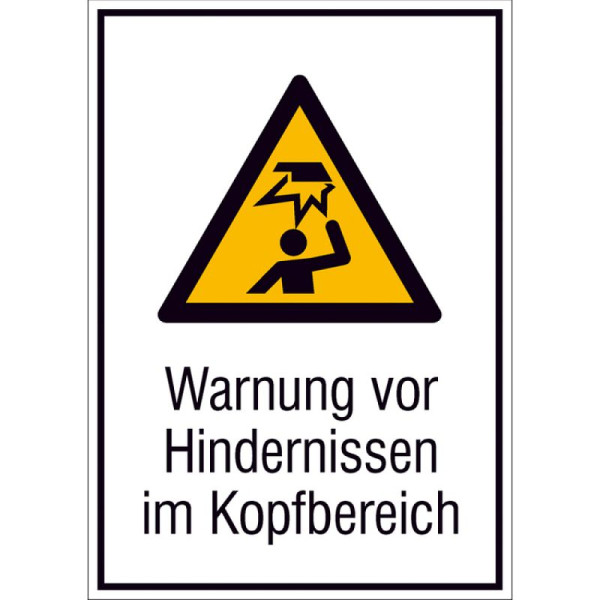 Stein HGS Kombischild mit Warnschild und Zusatztext, Warnung vor Hindernissen im Kopfbereich, 210 x 297 mm / Kunststoff, witterungsbeständig, 43.a8037