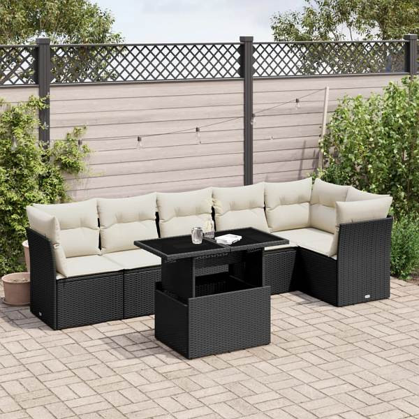 vidaXL 7-tlg. Garten-Sofagarnitur mit Kissen Schwarz Poly Rattan, UV-beständig, 3266596