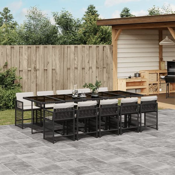 vidaXL 11-tlg. Garten-Essgruppe mit Kissen Schwarz Poly Rattan, 3211650