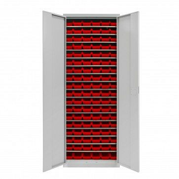 ADB Flügeltürenschrank mit 108 Sichtlagerkästen und Fachböden, Maß BxLxH: 170x240x126 mm, Farbe: Rot, 40827