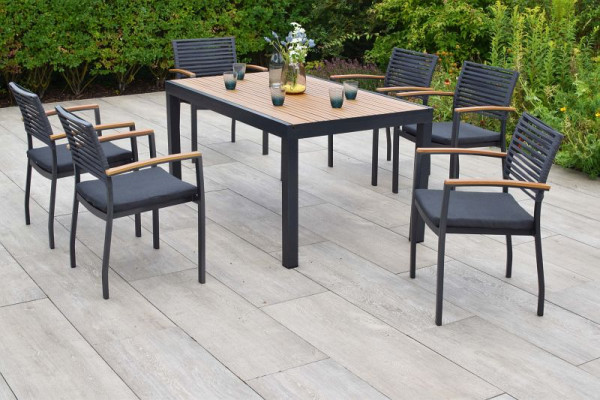 Merxx Parella Set 7-teilig, 6 Stapelsessel, 1 Tisch 150 x 90 cm, Tischplatte aus Kunststoff in realistischer Holzoptik, 51127-309