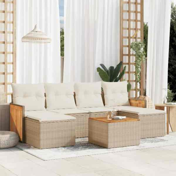 vidaXL 7-tlg. Garten-Sofagarnitur mit Kissen Beige Poly Rattan, UV-beständig, 3227906
