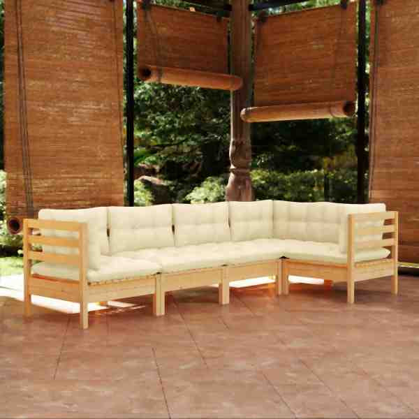 vidaXL 5-tlg. Garten-Lounge-Set mit Creme Kissen Kiefernholz, 3096382