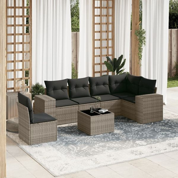 vidaXL 7-teilig Garten-Sofagarnitur mit Kissen Grau Poly Rattan, 3254977