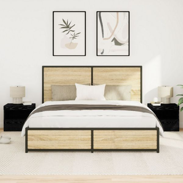 vidaXL Nachttische mit LED-Lichtern 2 Stück Schwarz Eiche 50x40x45 cm, 862185