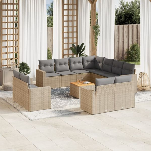 vidaXL 12-teilig Garten-Sofagarnitur mit Kissen Beige Poly Rattan, 3224386