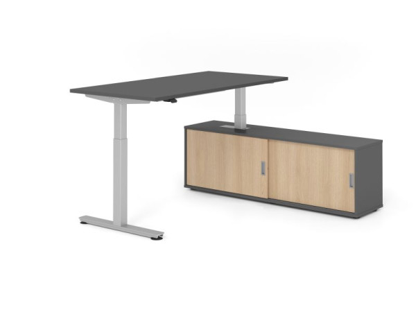 Hammerbacher Schreibtisch XMST16, 160x80cm, Platte: Graphit, T-Fuß Gestell Silber, Höhe: 71 - 120 cm, Graphit / Eiche, VXMST16SB/G/S/G/E