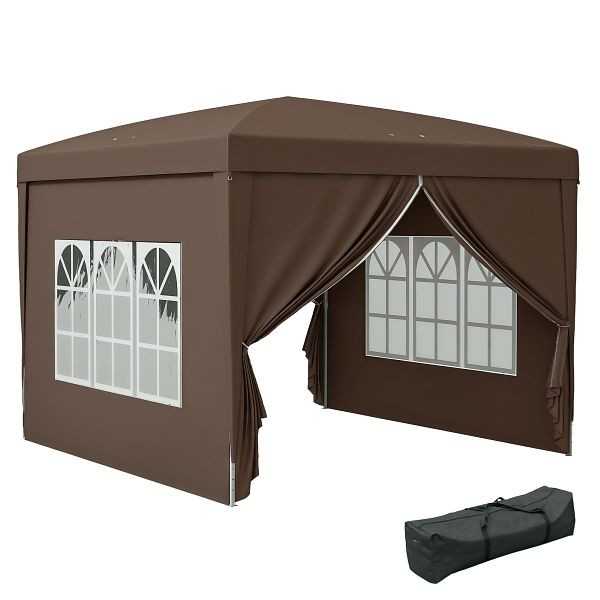 Outsunny 3 x 3 m Pavillon mit 4 Seitenwänden, Fenster, Festzelt mit UV-Schutz, Gartenzelt inkl. Tragetasche, Stahl, Kaffee, 84C-430V00CF