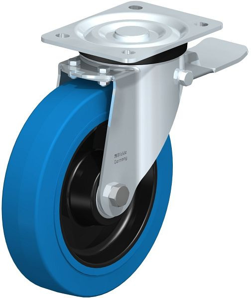 Blickle L-POEV 200K-ST-SB Stahlblech-Lenkrolle, mittelschwere Ausführung, mit Anschraubplatte & Feststeller, Elastik-Vollgummi, Blau, 749375