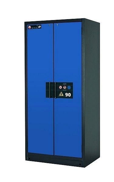 asecos Sicherheitsschrank Q-CLASSIC-90, Q90.195.090 in enzianblau RAL 5010 mit 4x Auszugswanne Standard (Edelstahl), 30041-047-30056