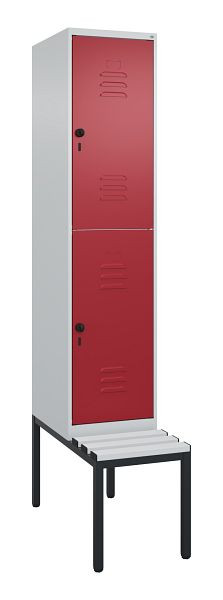 C+P Doppelstöckiger Spind Classic PLUS, Bank, 2120x400x815mm, 7035/3003, Drehriegel, mit untergebauter Sitzbank, 0803507-12 S10106